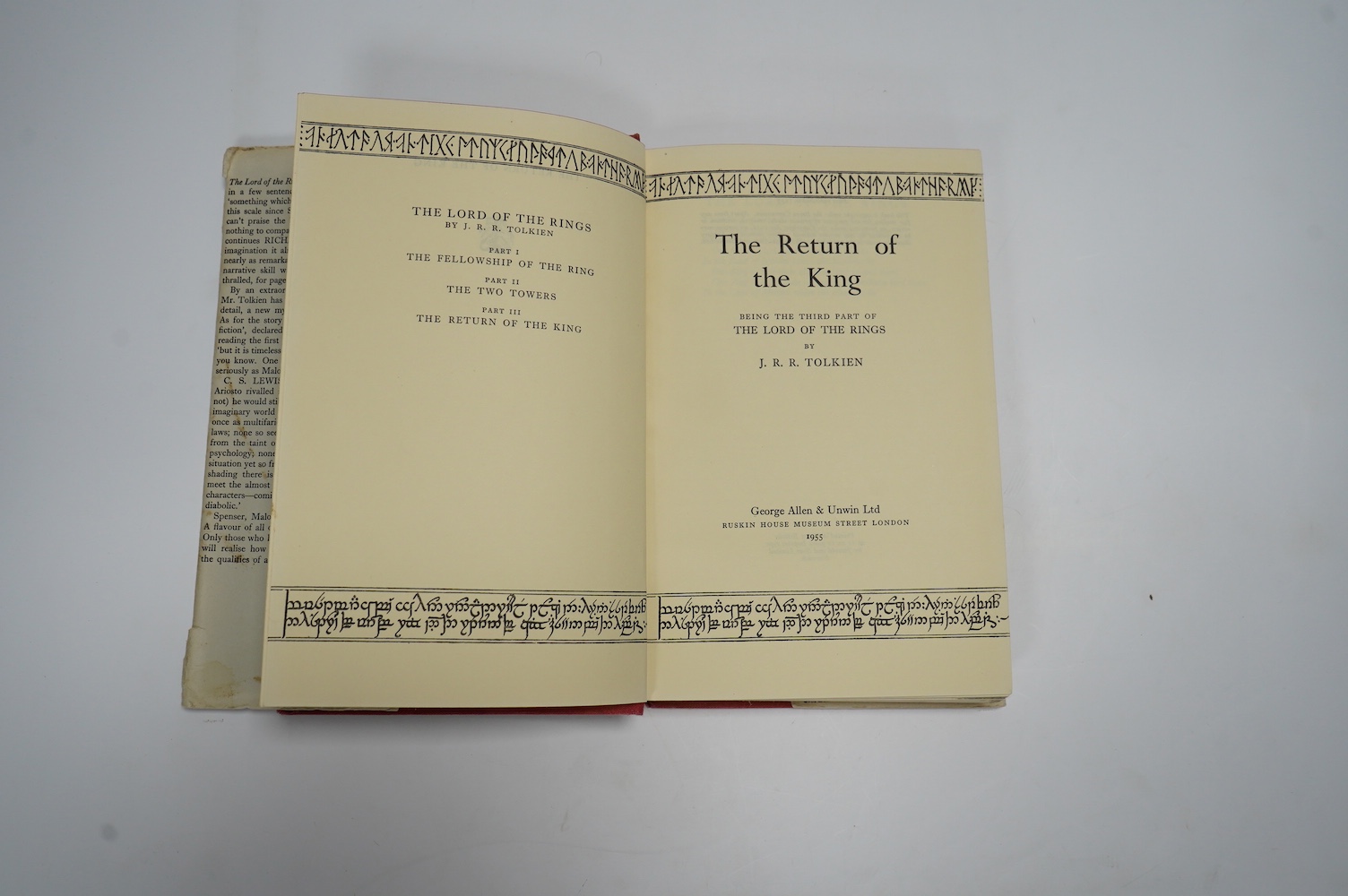 Tolkien, J.R.R - The Return of the King, 1st edition, 1st impression, London: George Allen & Unwin, 1955, folding map at rear, original red cloth gilt, unclipped dust jacket, 8vo, George Allen & Unwin, London, 1955.